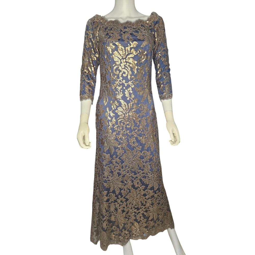 Tadashi Shoji Navy Gold Sequin Maxi Dress Sz6 Metallic Lace Overlay Formal Gown - Picture 2 of 9